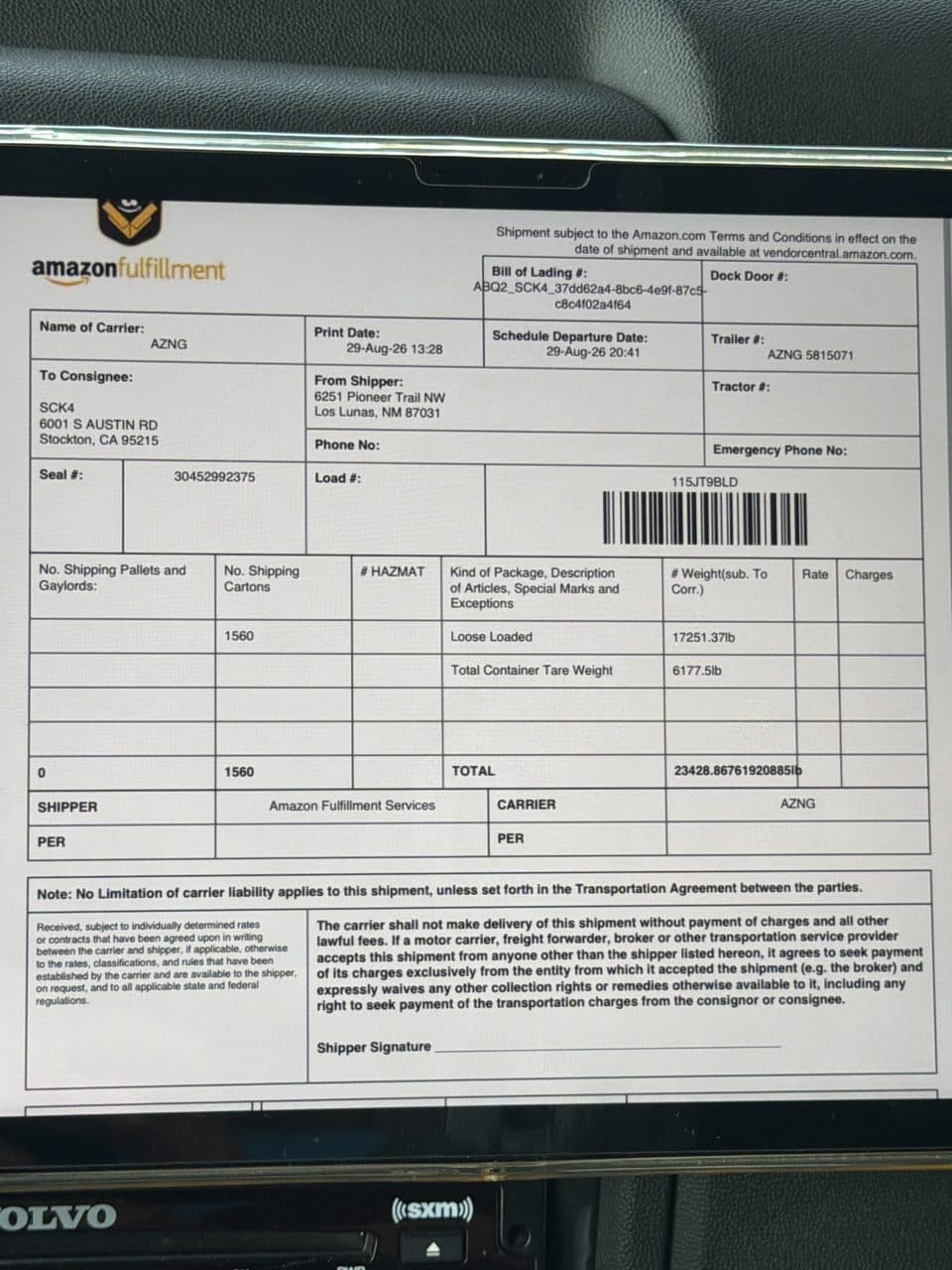 Bill of lading photographed in the truck cab at delivery