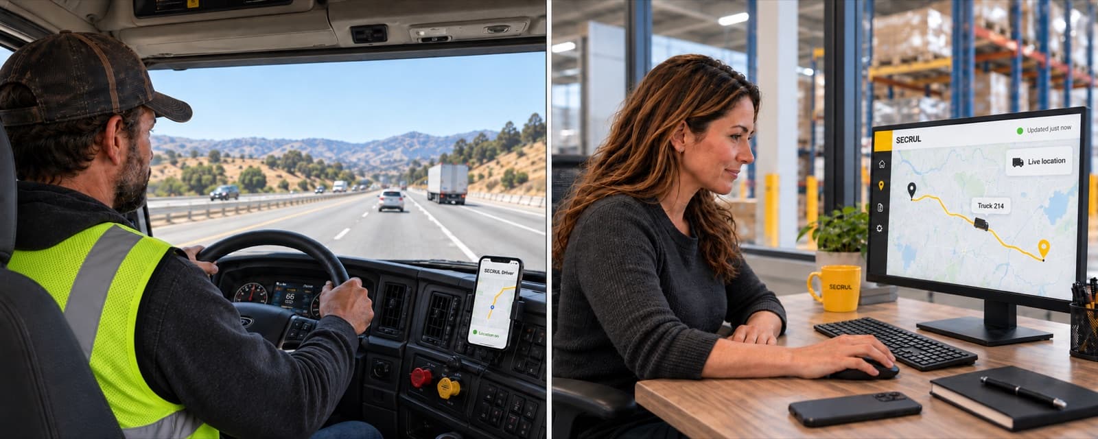 Driver following the route on a dash-mounted phone while the shipper watches truck 214 live on a map