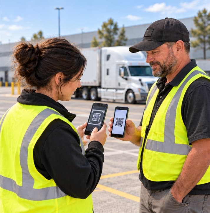 Dock worker and driver checking each other's pickup QR codes on their phones