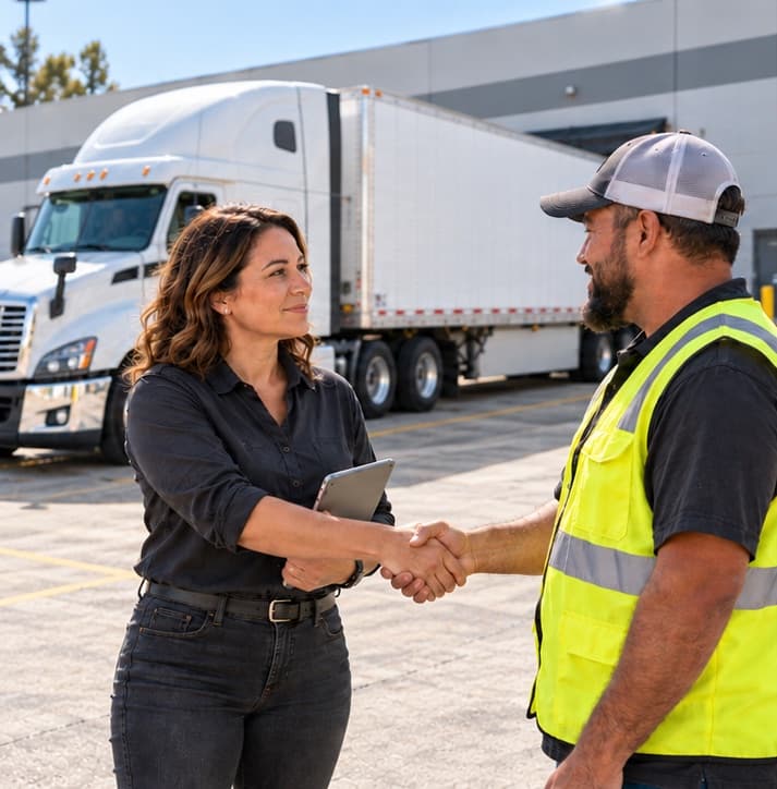 Shipper shaking hands with a carrier driver in front of a truck at the dock