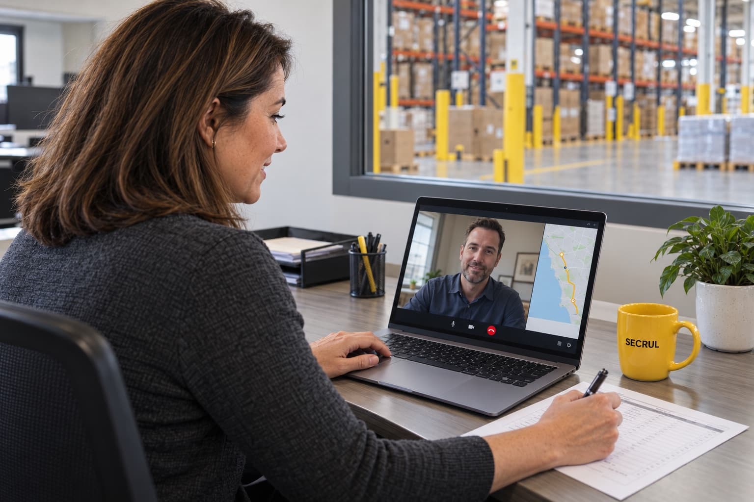 Shipper on a video call with a carrier, a route map open next to the call