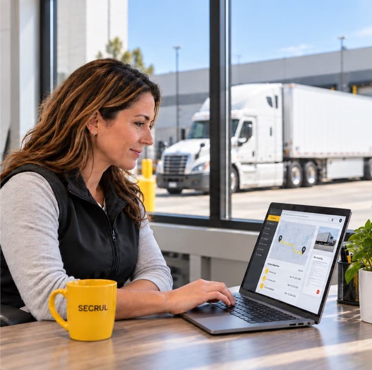 Shipper tracking an order on a laptop by the warehouse window