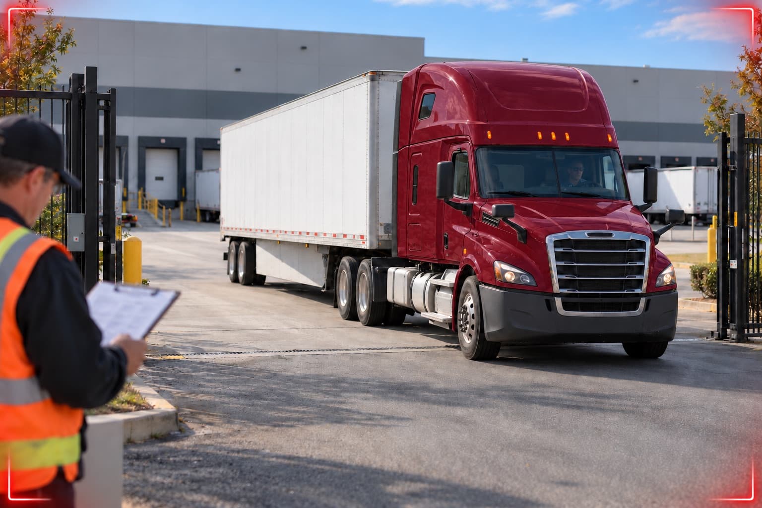 Guard with a clipboard watching a burgundy truck roll through the loading gate