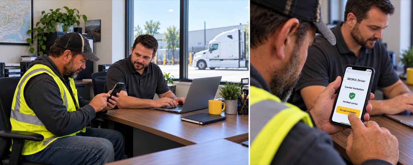 Carrier dispatcher sitting with a driver who accepts the carrier's invitation in the SECRUL Driver app