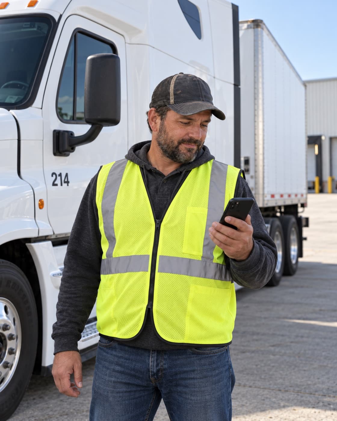 Driver in a safety vest checking the assigned trip on his phone next to truck 214
