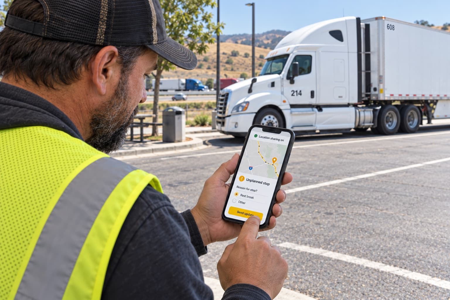 Driver at a rest area answering an unplanned stop prompt in the driver app