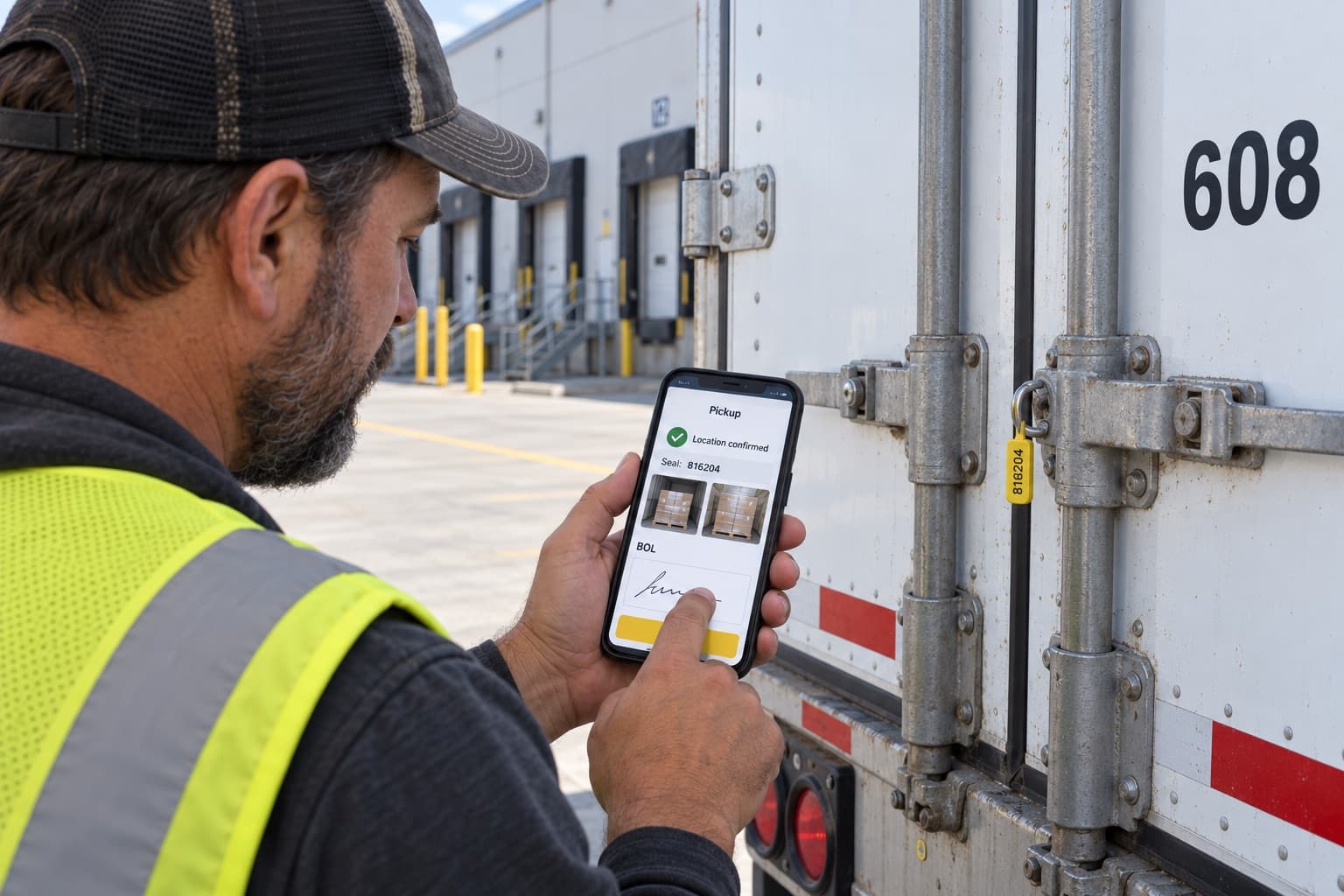 Driver confirming pickup on his phone beside the sealed doors of trailer 608