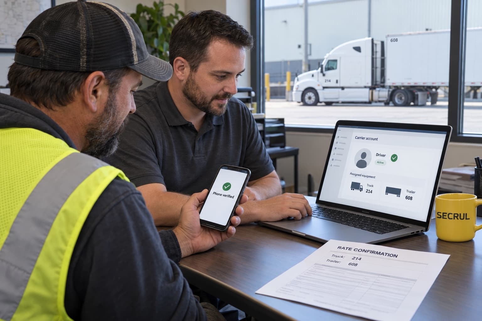 Dispatcher confirming the driver’s phone and the assigned truck and trailer on the carrier account