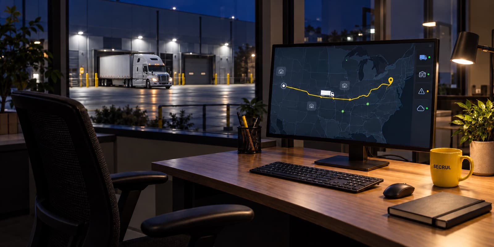 Empty desk at night with the route map still on the monitor and a truck at the dock outside