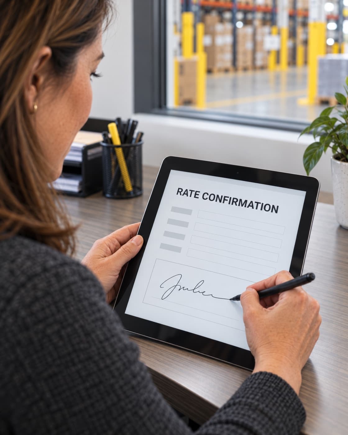 Rate confirmation being signed with a stylus on a tablet