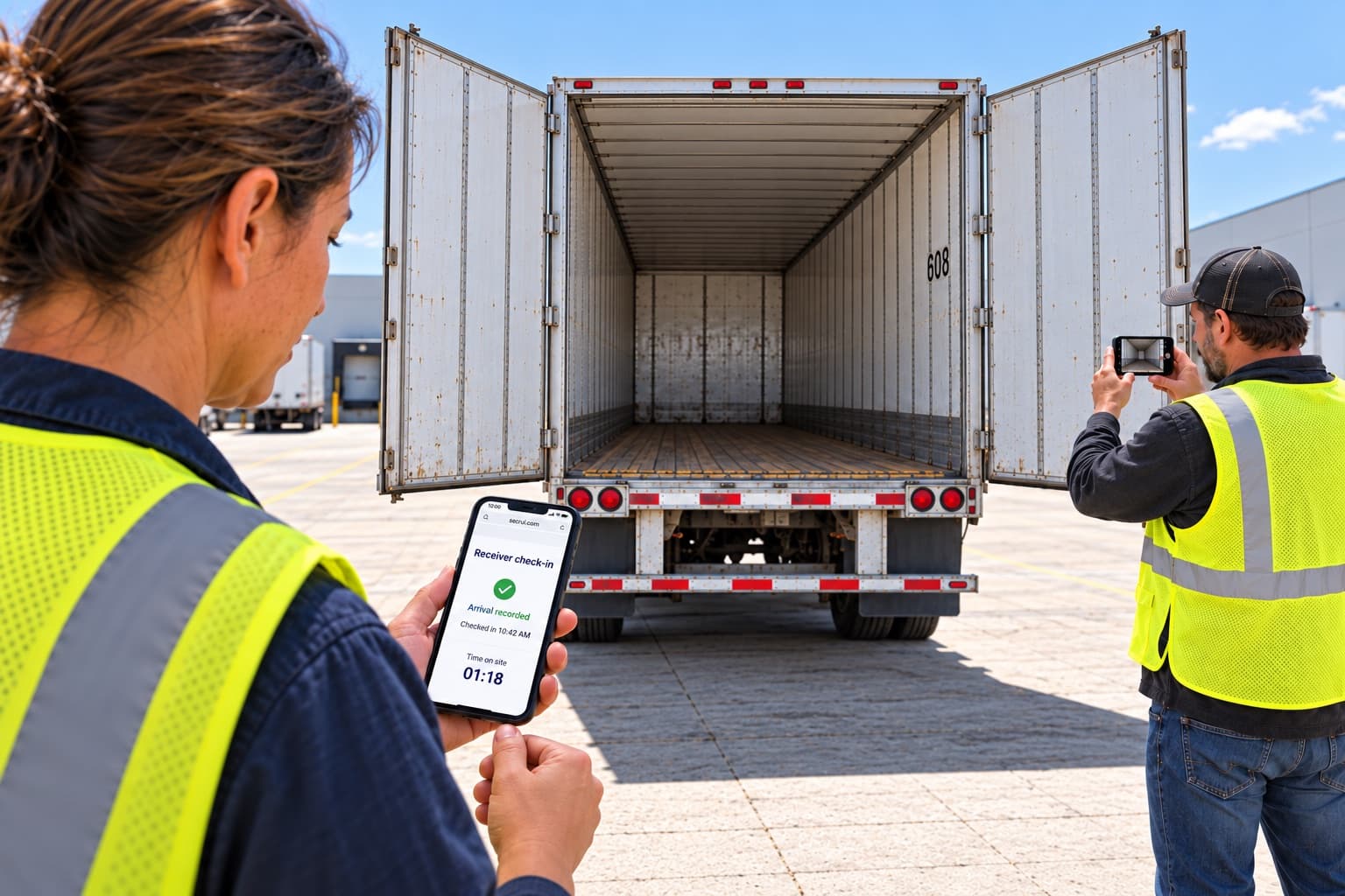 Receiver checking in by link while a coworker photographs the open trailer