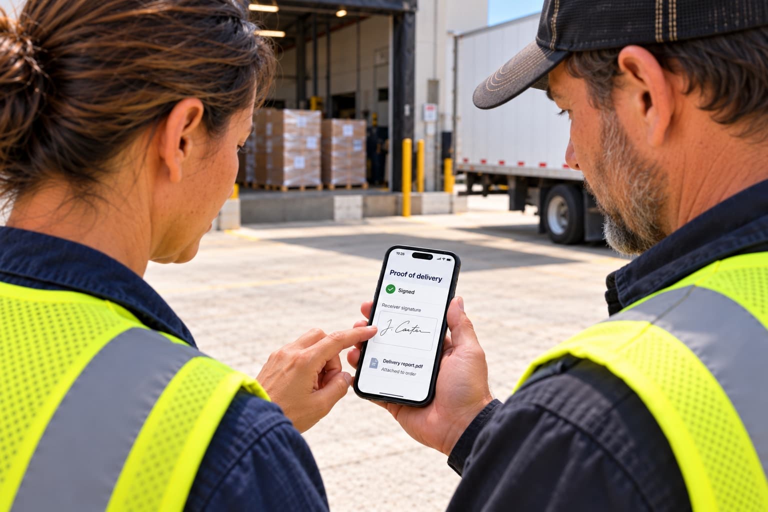 Receiver signing the proof of delivery on the driver’s phone at the dock