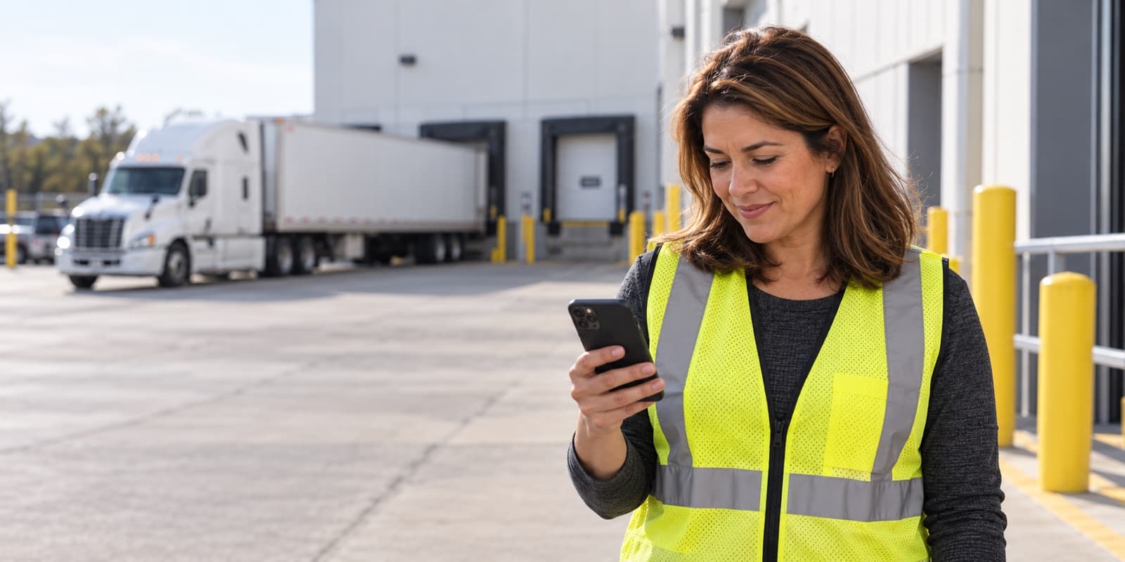 Shipping manager in a safety vest reading her phone at the loading dock